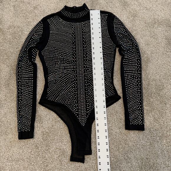 new small sheer mesh all over rhinestone mock neck bodysuit TLS2 2257 - Picture 3 of 11